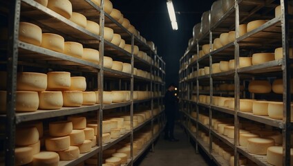 Cheese maker at the storage with shelves full of cow and goat cheese.