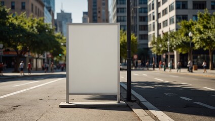 Vertical blank white billboard on city street In the background buildings and road Mock up Poster on street next to roadway Sunny summer day.
