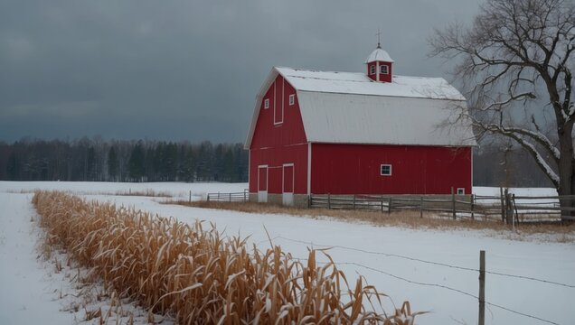 Beautiful winter farm scene with a bright red barn and white corn crib in a snowy field Barn has a cupola and lightning rods Concepts of farming, rural life, holidays.