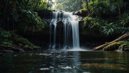 Fototapeta premium A serene jungle waterfall with water gracefully flowing through it.