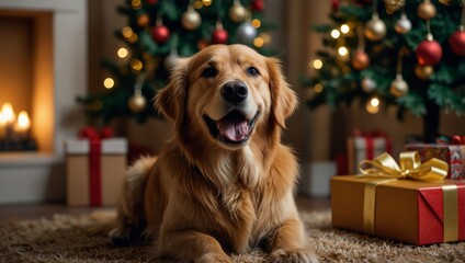 Selective focus of golden retriever sitting with gift box in mouth near Christmas tree at home.