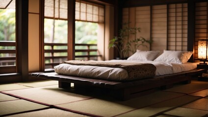 Japanese traditional bed on tatami mats in japanese traditional hotel.