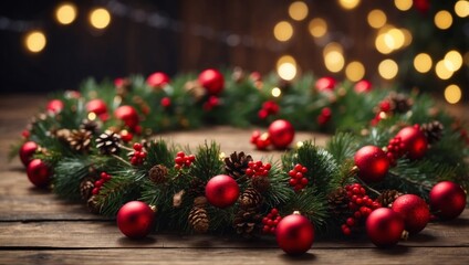 Christmas handmade wreath on a wooden background Festive lights.