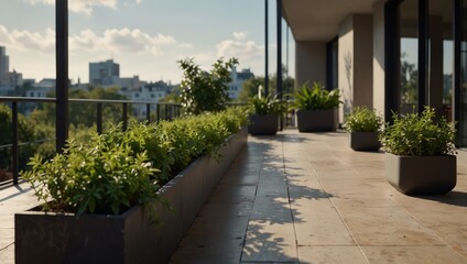 Fototapeta premium The serene beauty of a vacant outdoor terrace, featuring a minimal style complemented by potted greenery.