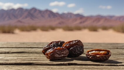 Dried date on old wooden table with desert on background.
