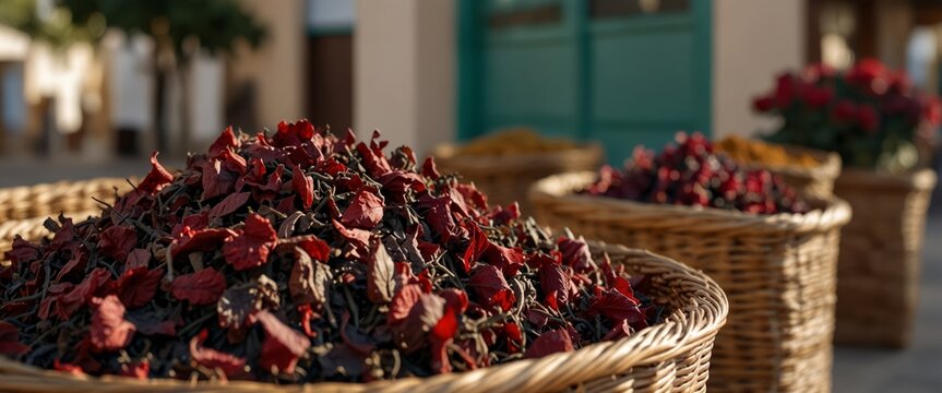 Dry karkade tea leaves in the wicker basket on the street market Sharm el Sheikh, Egypt Dry herb hibiscus for tea in baskets Arabic herbs on traditional bazaar.