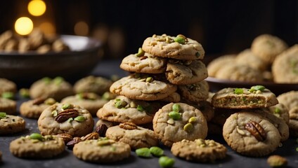 Traditional Arabic Eid semolina cookies with dates walnuts and pistachios seen from above with space for text.