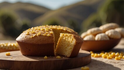 Broa, traditional portuguese corn bread, made with corn and wheat flour, and typical portuguese sweets in the background, european breakfast.