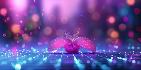 Digital flower in the virtual world of computer technology with airy bokeh effect in the background