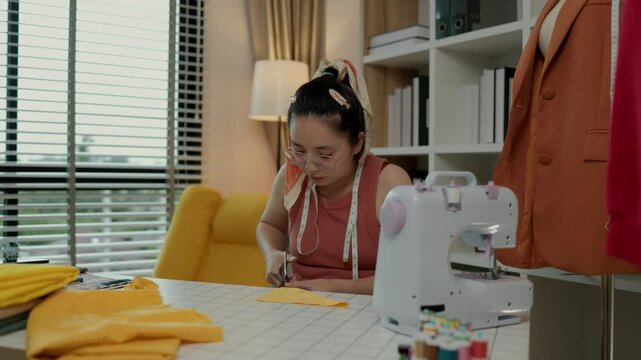 designer is cutting fabric according to the pattern the customer wants, a tailor cuts large pieces of cloth that has been measured to the desired size in oder to make a garment