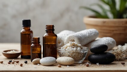 beauty treatment items for spa procedures on white wooden table massage stones, essential oils and sea salt copy space.