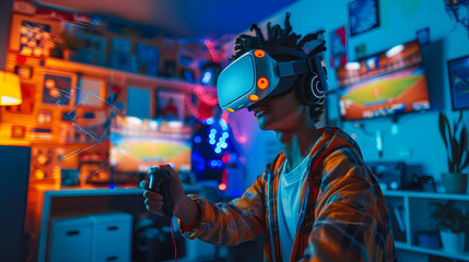 Young man enjoying a VR gaming experience at home, immersed in a vibrant and colorful virtual reality environment.