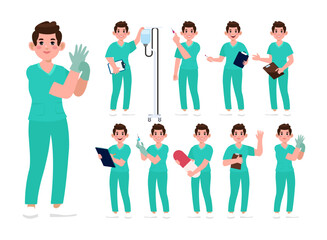 Obraz premium Set of Happy people in nurse uniform with different acting