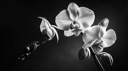 Fototapeta premium black and white photo of an orchid flower, high contrast, sharp focus, dark background, beautiful