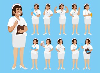 Set of Happy people in nurse uniform with different acting