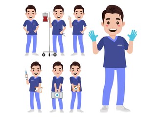 Set of Happy people in nurse uniform with different acting