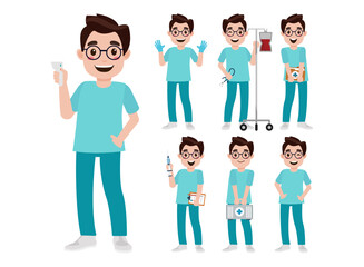 Set of Happy people in nurse uniform with different acting