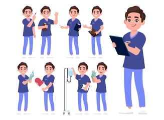 Obraz premium Set of Happy people in nurse uniform with different acting