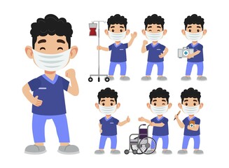 Set of Happy people in nurse uniform with different acting