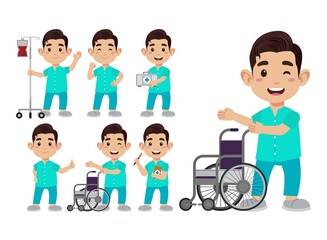 Set of Happy people in nurse uniform with different acting
