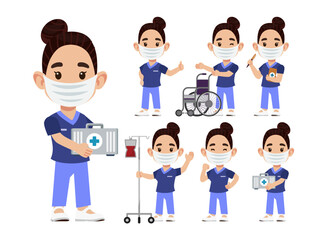Set of Happy people in nurse uniform with different acting