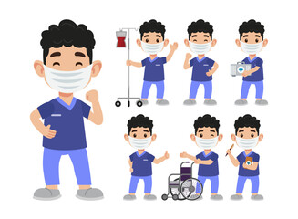 Set of Happy people in nurse uniform with different acting