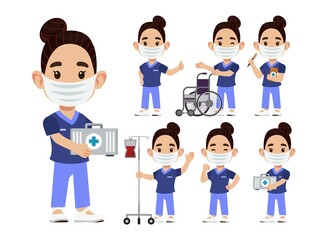 Set of Happy people in nurse uniform with different acting