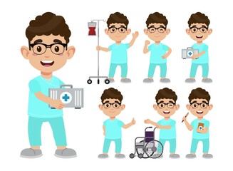 Set of Happy people in nurse uniform with different acting