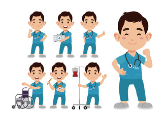 Set of Happy people in nurse uniform with different acting