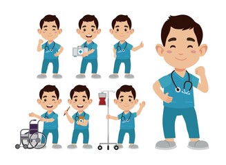 Set of Happy people in nurse uniform with different acting