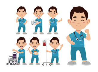 Obraz premium Set of Happy people in nurse uniform with different acting