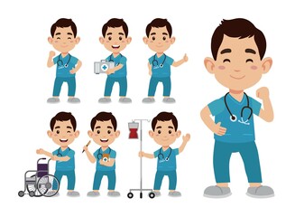 Set of Happy people in nurse uniform with different acting