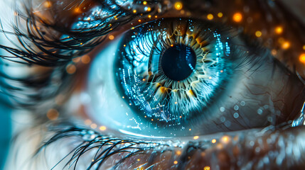 Close-up of a human eye with a futuristic, digital light overlay, symbolizing technology, vision, and innovation.