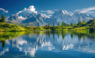Naklejka premium Stunning View Of A Tranquil Lake And Snow-Capped Mountains On A Sunny Day