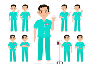 Set of Happy people in nurse uniform with different acting