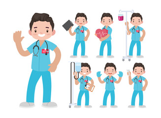 Set of Happy people in nurse uniform with different acting