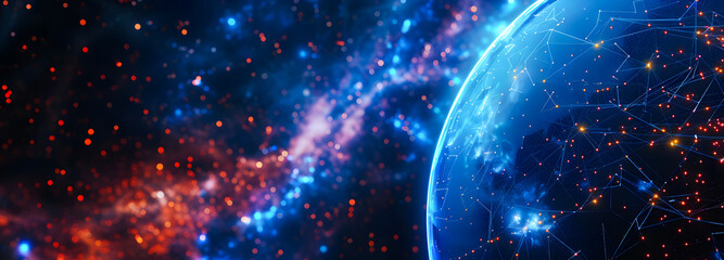 Obraz premium A stunning depiction of the cosmos with vibrant stars, galaxies, and a beautiful blue planet set against a dark space background.