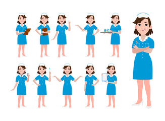 Set of Happy people in nurse uniform with different acting