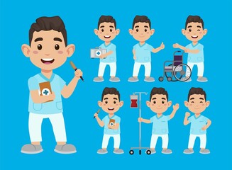 Set of Happy people in nurse uniform with different acting