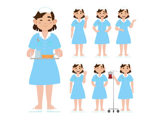 Set of Happy people in nurse uniform with different acting