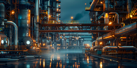 Illuminated industrial refinery at night with complex structures and pipelines reflecting on the wet ground.