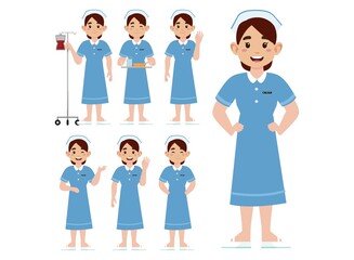 Set of Happy people in nurse uniform with different acting