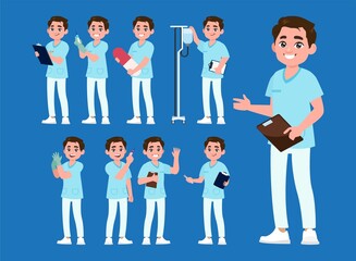 Set of Happy people in nurse uniform with different acting