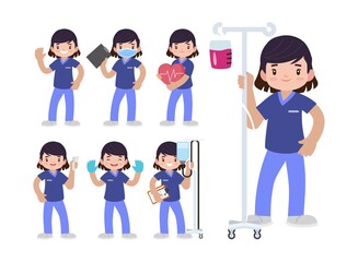 Set of Happy people in nurse uniform with different acting
