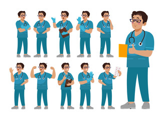 Set of Happy people in nurse uniform with different acting