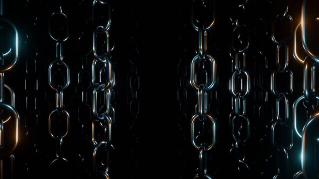 Steel narrow chains hanging on a black background. Design. Many chains creating effect of moving in corridor.