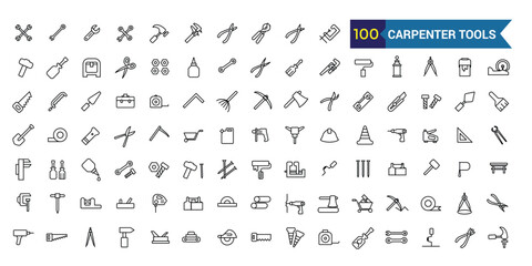 Carpenter tools icons set. Outline set of carpenter tools vector icons for ui design. Outline icon collection. Editable stroke.