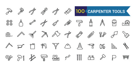 Carpenter tools icons set. Outline set of carpenter tools vector icons for ui design. Outline icon collection. Editable stroke.