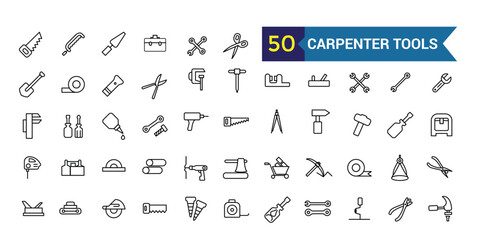 Carpenter tools icons set. Outline set of carpenter tools vector icons for ui design. Outline icon collection. Editable stroke.