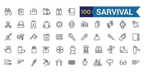 Survival icons set. Outline set of survival vector icons for ui design. Outline icon collection. Editable stroke.